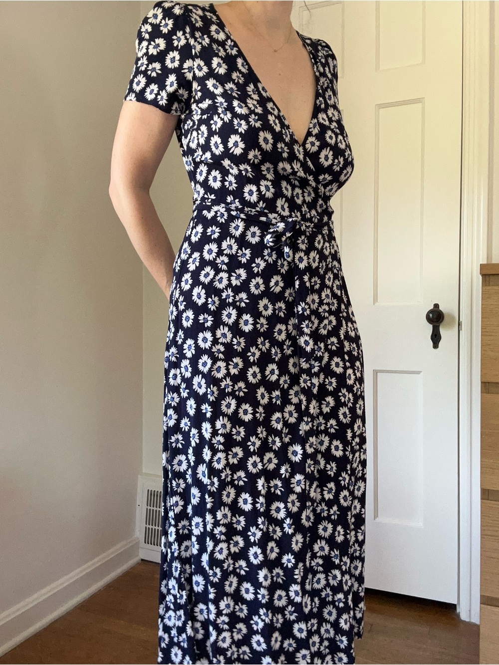 GAP Navy Wrap Dress with White Daisy Print and Tie Waist